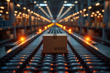 Wall Mural - dynamic scene as multiple cardboard box packages smoothly traverse conveyor belt within busy warehouse fulfillment center, symbolizing intersection of delivery efficiency,