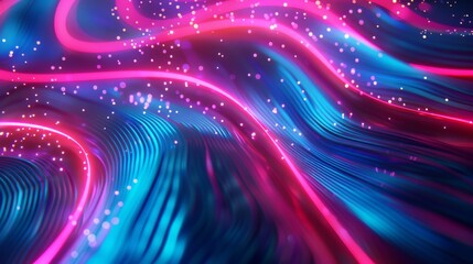 Wall Mural - Vibrant abstract background with flowing neon pink and blue lines and sparkling light particles, ideal for tech and digital themes.