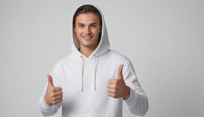 Wall Mural - An adult male in a white hoodie with a confident smile gives a thumbs up to the camera, exuding positivity.