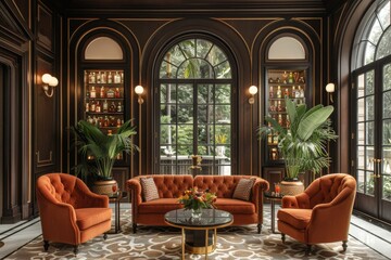 Sticker - Luxurious hotel lobby with chic furniture, arched windows, inviting atmosphere, sophisticated interior design, upscale decor, elegant sitting area