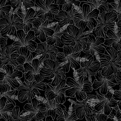 Wall Mural - Hibiscus flower head seamless pattern for textile design, wallpaper, scrapbook paper. Black and white line art exotic floral background