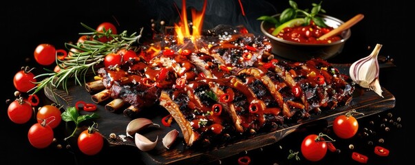 Wall Mural - Delicious grilled ribs with barbecue glaze on a wooden board, accompanied by fresh herbs, tomatoes, and a bowl of sauce.