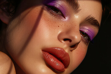 Close-up portrait of woman with purple eyeshadow and red lipstick