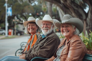 Group of senior people in cowboy hats sitting on bench in park.