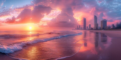 At picturesque sunrise, a slight wave kisses the shore near the city skyline.