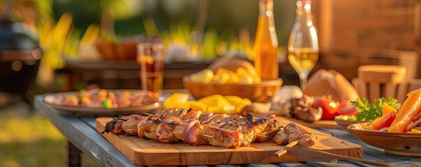 Wall Mural - Outdoor BBQ feast with grilled meat, fresh vegetables, and drinks on a wooden table, set up for a summer evening gathering.