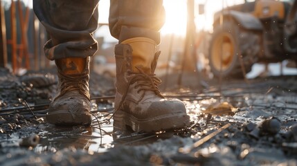 a construction worker on a job site, wearing heavy-duty safety shoes with steel toe caps, navigating around various hazards like nails and debris 