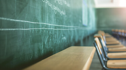 Selective focus image of a blackboard in a classroom environment