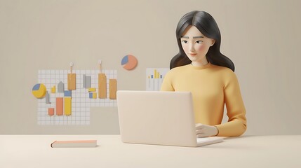 Wall Mural - 3D woman character working on her laptop, with a business expansion strategy in the background, plain ivory setting