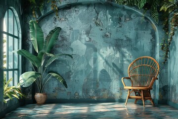 Wall Mural - Serene room with wicker chair, lush indoor plants, rustic wall, natural light, peaceful ambiance, botanical decor, eco friendly interior design