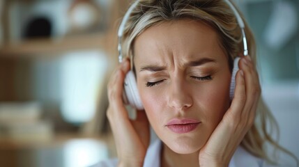 a woman wearing headphones and has her eyes closed. She has her hands on the headphones and looks like she is listening to music.