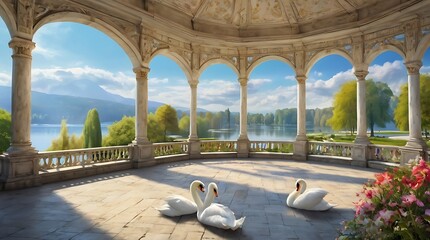 Wall Mural - swans in a white marble gazebo.