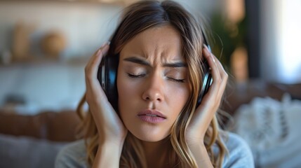 Wall Mural - a young woman with her eyes closed and wearing headphones. She has her hands on her head and looks like she is listening intently to the music.
