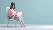© Abdul - 3D woman character working on her laptop, with a plain light blue background and a clean, ergonomic chair