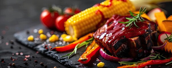 Close-up of a delicious grilled steak with glazed barbecue sauce, served with roasted vegetables and corn on a dark rustic background.