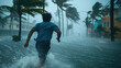 © DELstudio - People running in the streets during hurricane, palm trees and flooded street, high winds blowing water up into air, houses destroyed
