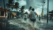 © DELstudio - People running in the streets during hurricane, palm trees and flooded street, high winds blowing water up into air, houses destroyed