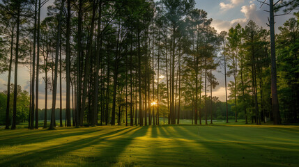 Wall Mural - A large field of grass with trees in the background. The sun is setting, casting long shadows on the grass