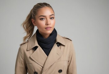 A stylish woman layers a black turtleneck under a trench coat, presenting a look of modern elegance.