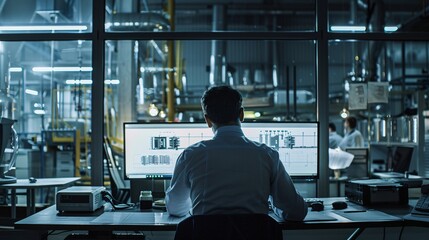 Engineer Technician Working on a Personal Computer with Two Displays, He's Designing New Component in CAD Program. Out of the Office Window Components Manufacturing Factory is Seen.