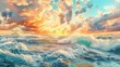Mesmerizing seascape with swirling waves and a vibrant, cloudy sky, in the style of Sargent, artistic theme, vivid, Composite, dynamic ocean view backdrop