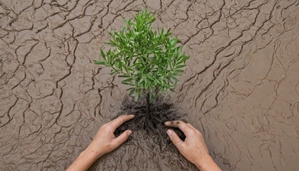 image of a new tree growing on the ground held by two human hands with a background of environmental