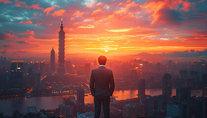 Wall Mural - A man in a suit stands on a rooftop looking out over a city at a sunset by AI generated image