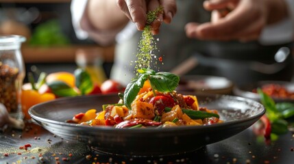 A chef's hand sprinkling fresh Thai basil over a dish of spicy stir-fried vegetables, with various seasonings in the background