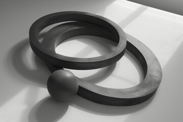 Conceptual Art Piece with Two Large Interlocking Rings and a Sphere