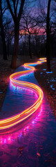 Wall Mural - A long, curving path of lights is lit up in the woods