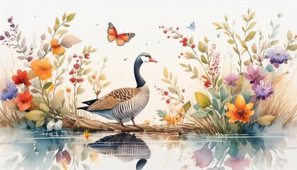 Wall Mural - Flowers, Grasses, Berries, and a Goose: A Watercolor Journey