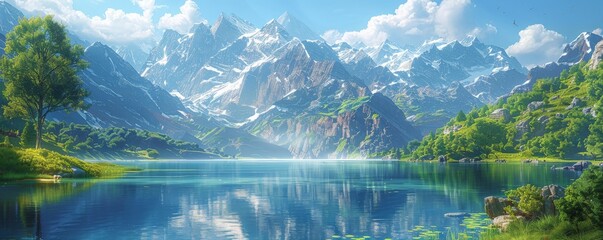 A serene, alpine lake reflecting the towering, snow-capped peaks above. The digital illustration highlights the dramatic scenery and epic adventures, with a focus on the simplicity and untamed beauty