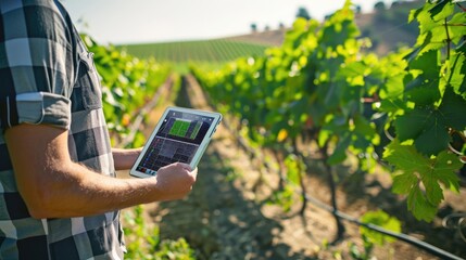 technology alchemy: man harnessing knowledge in nature with tablet
