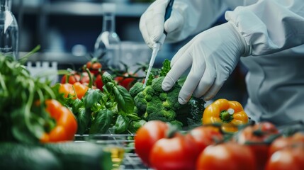 scientist check chemical food residues in laboratory. control experts inspect quality of fruits, veg