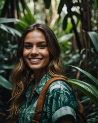 Wall Mural - beautiful young woman on jungle forest smiling on camera portrait