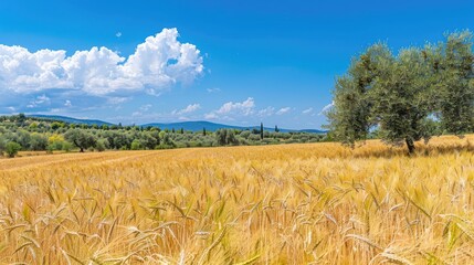 Poster - Golden wheat field in summer with ripe ears set against a blue sky and olive trees in the distance