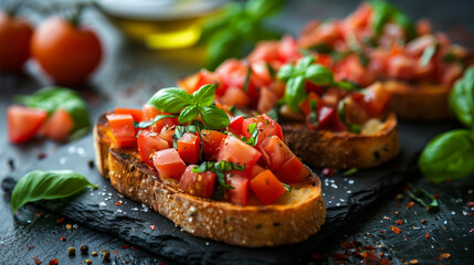 Wall Mural - bruschetta on a black stone plate with tomato cubes and basil as topping spice arround and olive oil