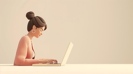 Wall Mural - 3D woman character working on her laptop, with a plain ivory background and a clean, organized workspace