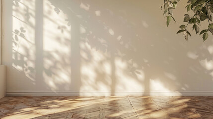 Canvas Print - Bright, sunlit room interior with leaf shadows dancing on the walls and a blank wooden parquet floor, offering a serene space for design mock-ups.