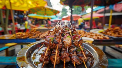 Wall Mural - A high-angle shot of grilled pork neck skewers on a platter, with colorful market stalls in the background