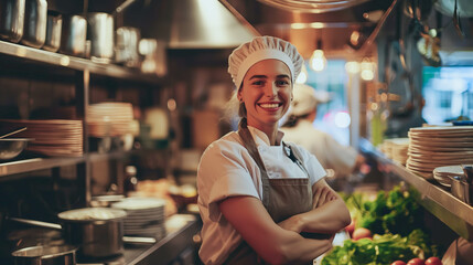 A woman chef is smiling and posing in a kitchen. She is wearing a white hat and apron. The kitchen is filled with various utensils and dishes, including a large number of plates