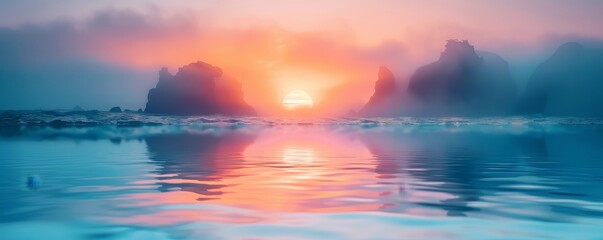 Wall Mural - Coastal sunrise, morning glow, tranquil waters, close up, focus on, copy space, pastel tones, Double exposure silhouette with sunrise