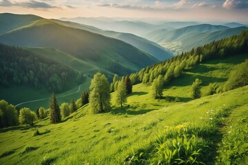 Wall Mural - Early Morning in Carpathians with Lush Spring Greenery