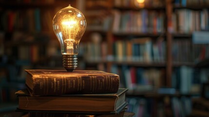 A light bulb on a stack of books, representing knowledge and enlightenment