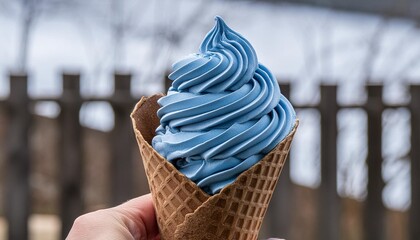 Wall Mural - a close up view of a swirled blue soft serve ice cream held in a crispy cone with a softly blurred background