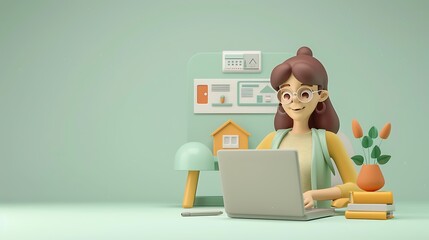 Wall Mural - 3D woman character working on her laptop, with an office background featuring a real estate firm, plain light green setting