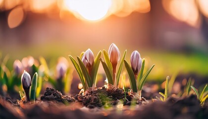 Wall Mural - spring beautiful weeds growth sunset backyard macro green growth grass ground sprouting flowers sprouting weeds