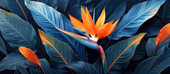 Wall Mural - Blue and Orange Paradise Flower and Leaves
