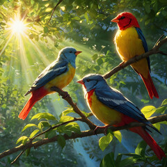 Three vibrantly colored birds, each a symbol - yellow for joy, red for passion, and blue for serenity - perch gracefully on a verdant branch