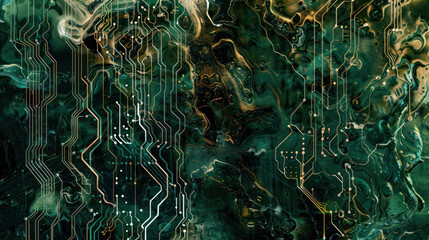 Wall Mural - Interconnecting digital circuits merging with organic shapes, forming a visually compelling abstract representation of modern connectivity and integration.